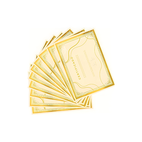 Certificado Papel Especial com Borda Dourada Premium. 21x29,7cm.